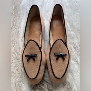 Belgian Shoes Midinette Slippers Tan Wool Leather Trim Loafers 5.5 Flats Bow
